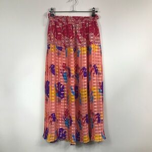 VINTAGE | Polyester Smocked Skirt Floral Leaf Print Neon Small